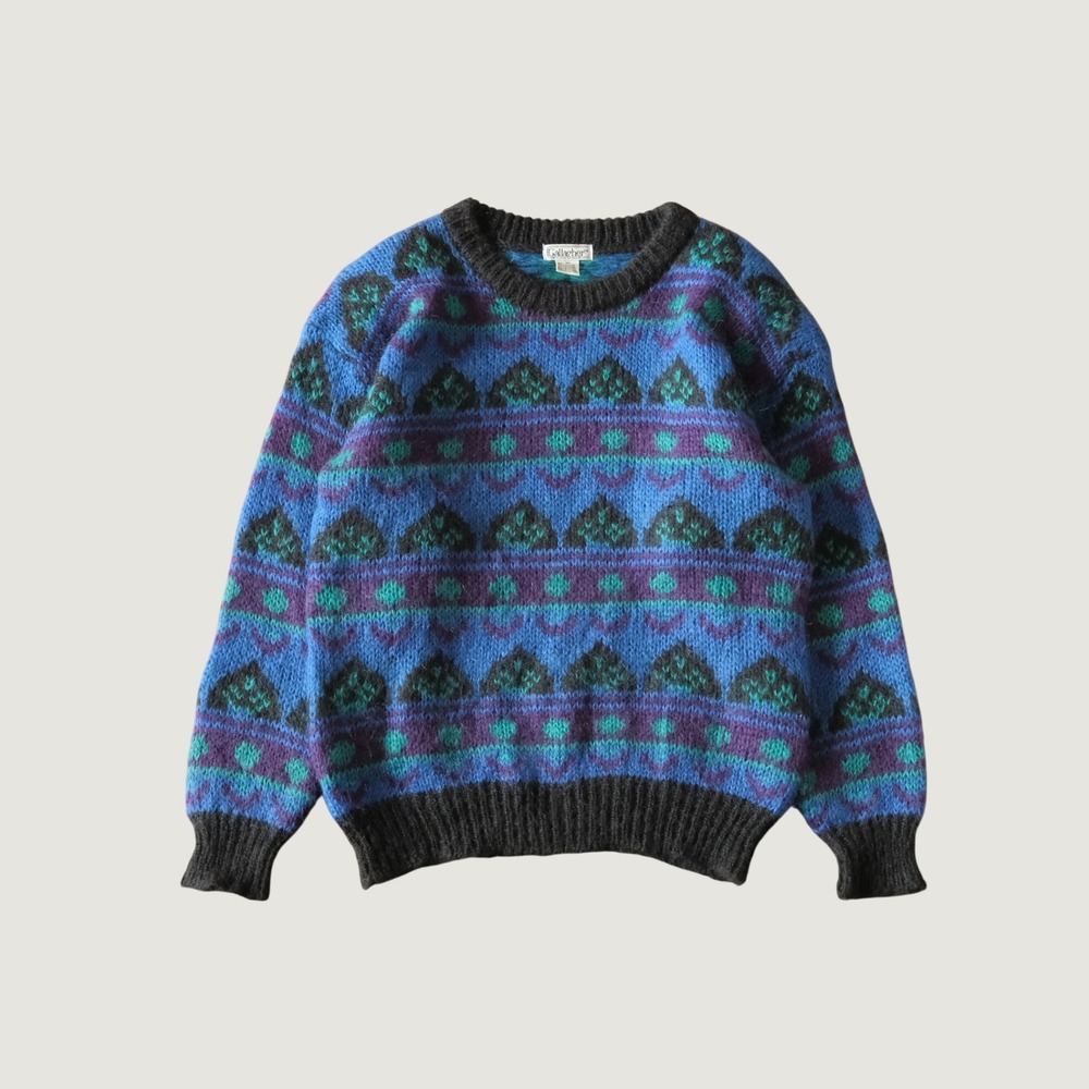 Gallagher Sweater Mohair Blend Fair Isle Blue Purple Geometric Vintage Size M
